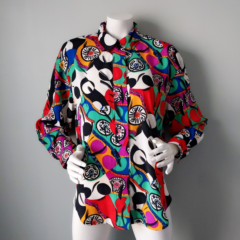 Vintage 1990s Rainbow Graphic Graffiti Print Polyester Crepe Blouse M Hip Hop